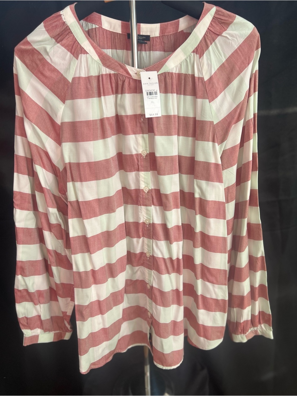 Ann Taylor Factory Striped Button-Front Top in White and Dusty Rose